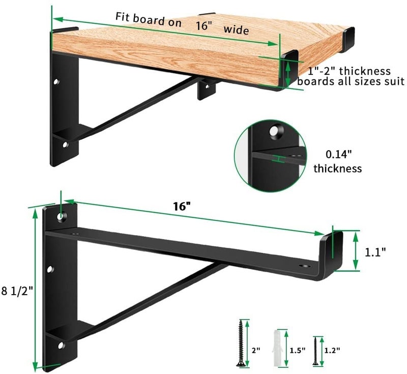 Homydom Heavy Duty Shelf Brackets 16 inch, Industrial Wall Brackets with Lip Metal Storage Brackets Outdoor/Indoor Include Screws 2 Pack Black - Image 2